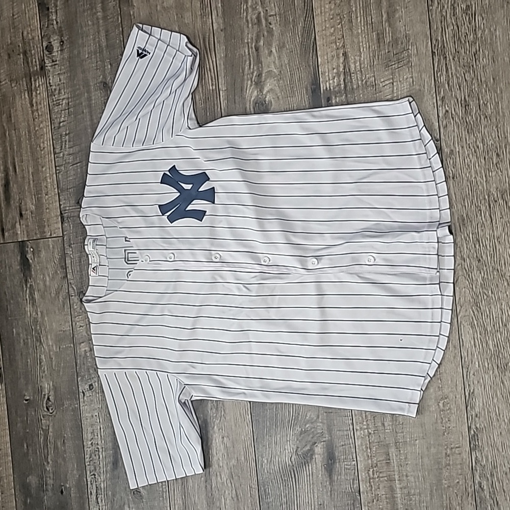 Majestic White Pinstripe Jersey with Navy Emblem